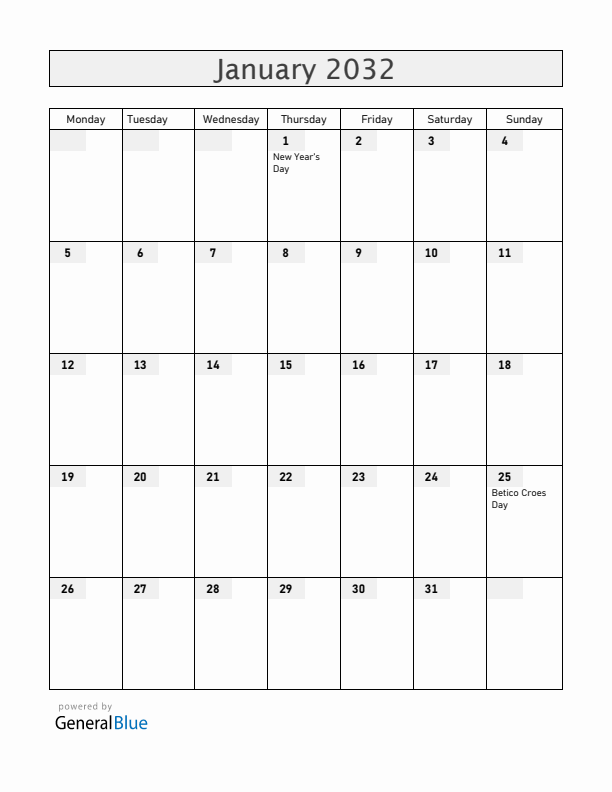 Aruba January 2032 Calendar with Holidays