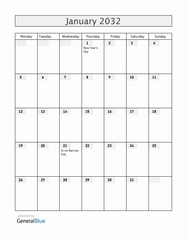 Barbados January 2032 Calendar with Holidays