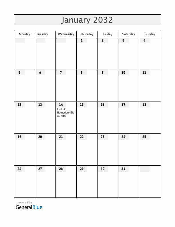 Bangladesh January 2032 Calendar with Holidays