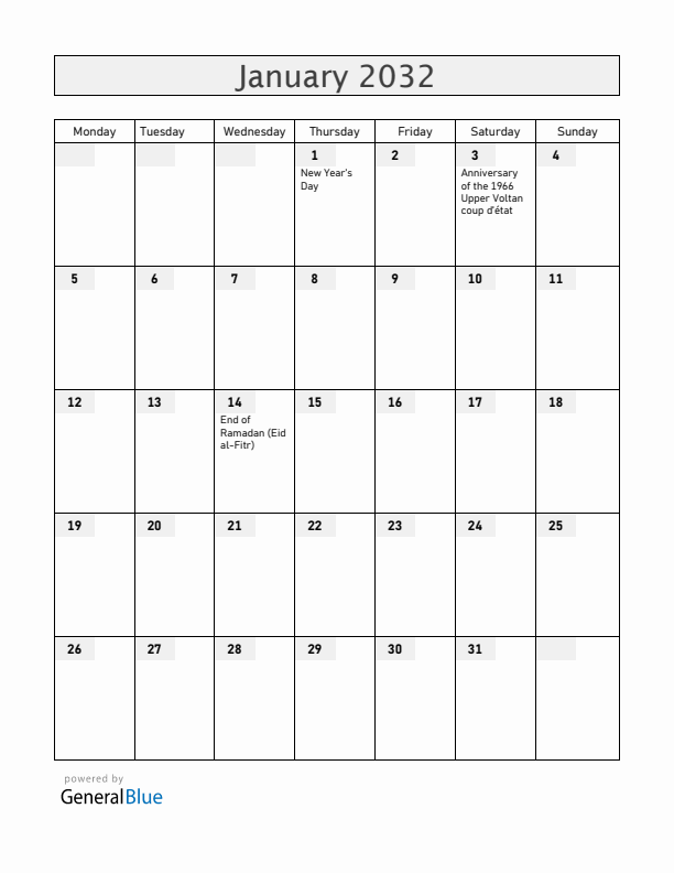Burkina Faso January 2032 Calendar with Holidays