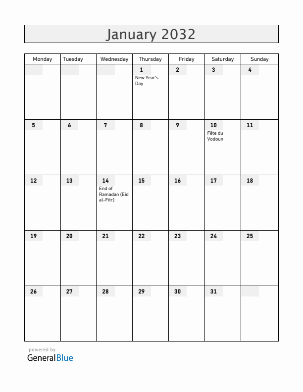 Benin January 2032 Calendar with Holidays