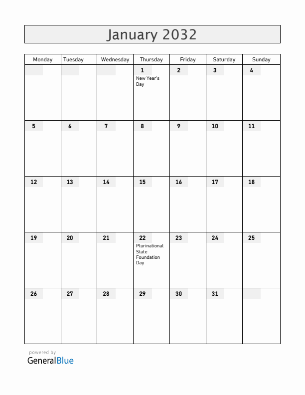 Bolivia January 2032 Calendar with Holidays