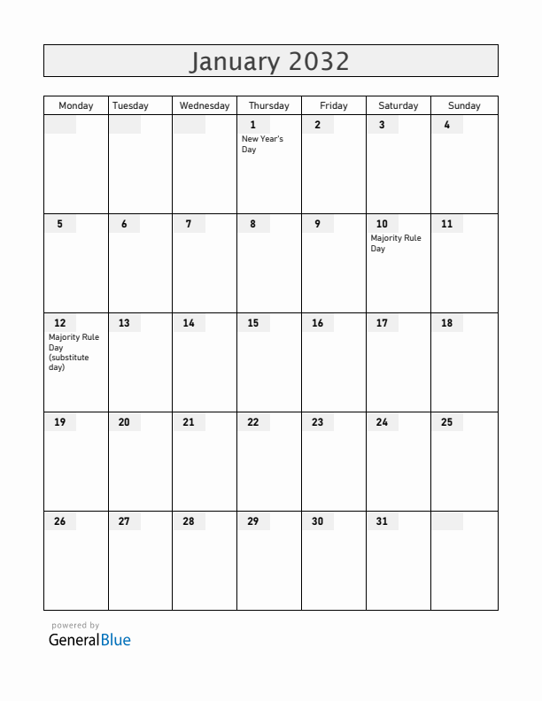 Bahamas January 2032 Calendar with Holidays