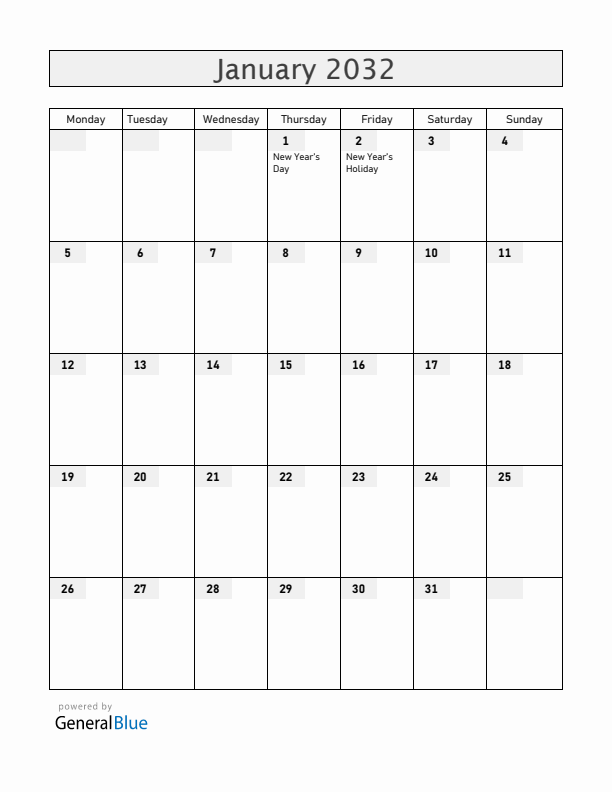 Botswana January 2032 Calendar with Holidays