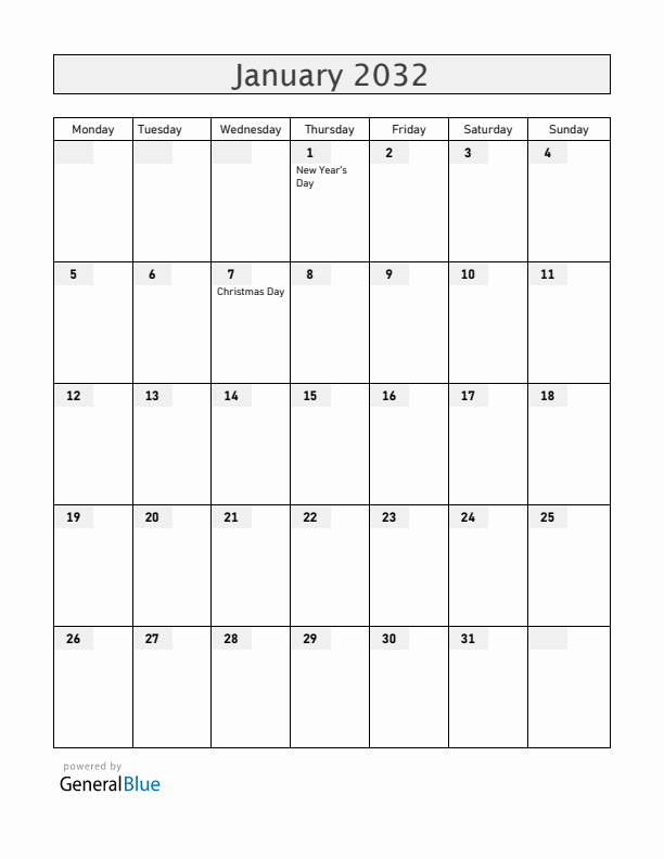 Belarus January 2032 Calendar with Holidays