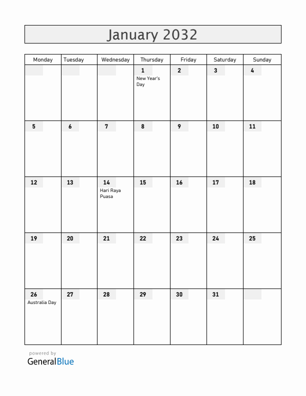 Cocos Islands January 2032 Calendar with Holidays