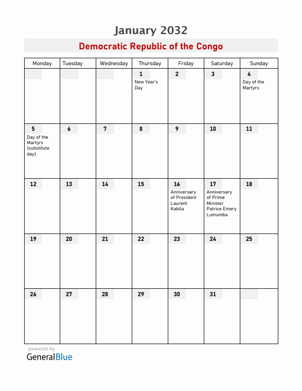 Democratic Republic of the Congo January 2032 Calendar with Holidays