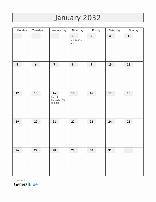 Central African Republic January 2032 Calendar with Holidays