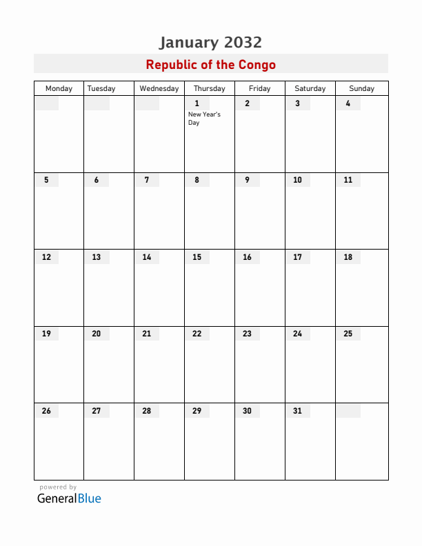 Republic of the Congo January 2032 Calendar with Holidays
