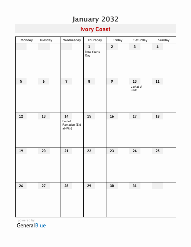 Ivory Coast January 2032 Calendar with Holidays