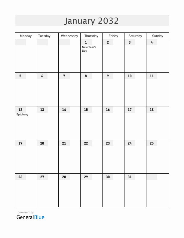 Colombia January 2032 Calendar with Holidays