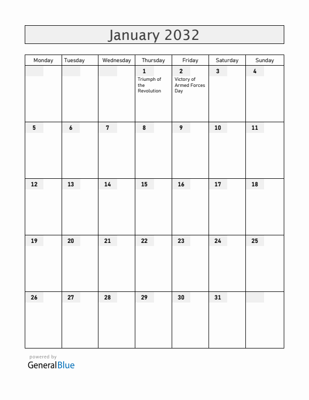 Cuba January 2032 Calendar with Holidays