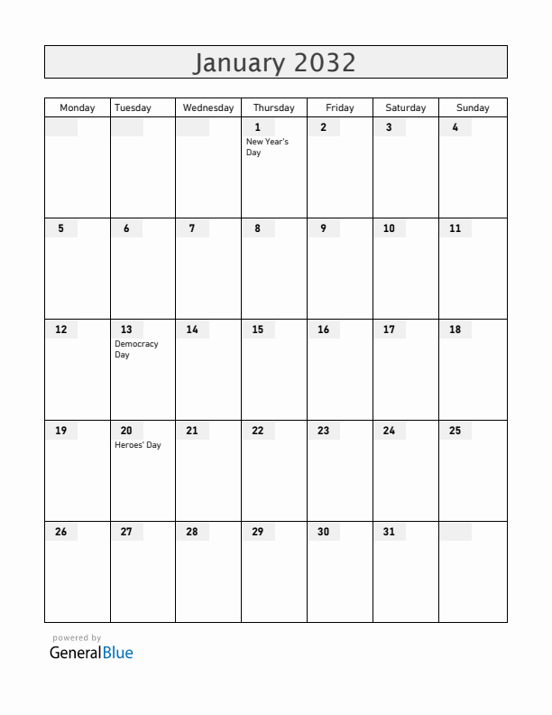 Cabo Verde January 2032 Calendar with Holidays