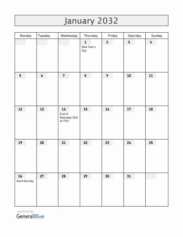 Christmas Island January 2032 Calendar with Holidays