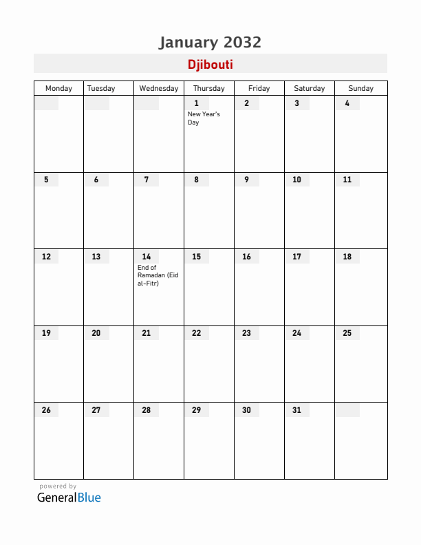 Djibouti January 2032 Calendar with Holidays