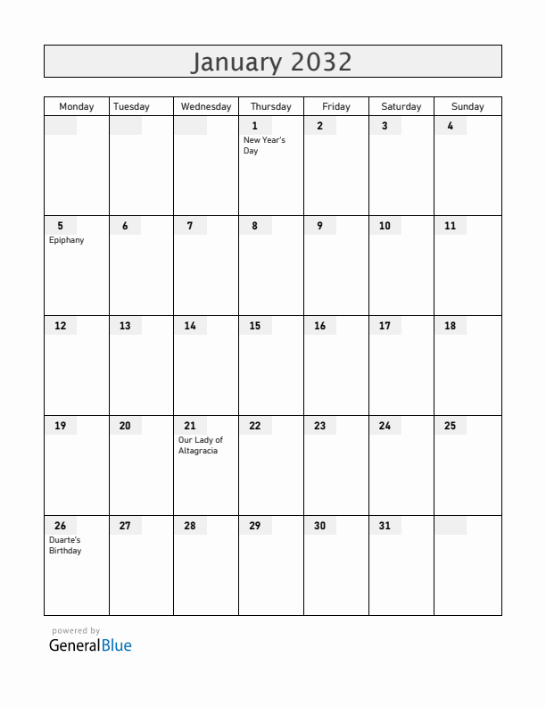 Dominican Republic January 2032 Calendar with Holidays