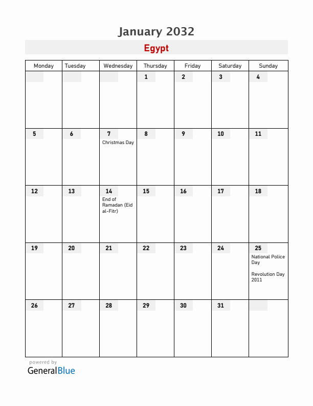 Egypt January 2032 Calendar with Holidays
