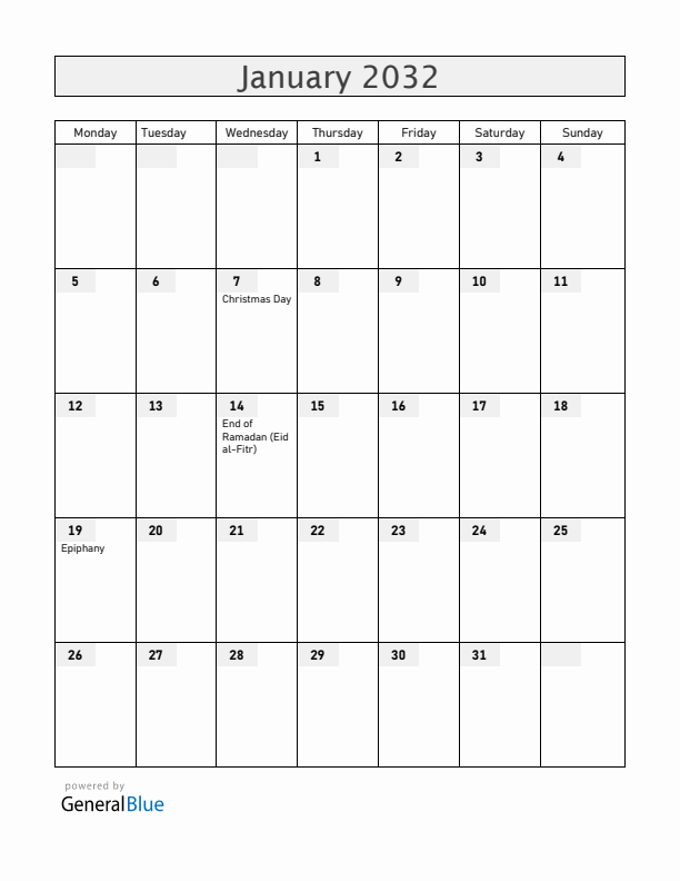 Ethiopia January 2032 Calendar with Holidays