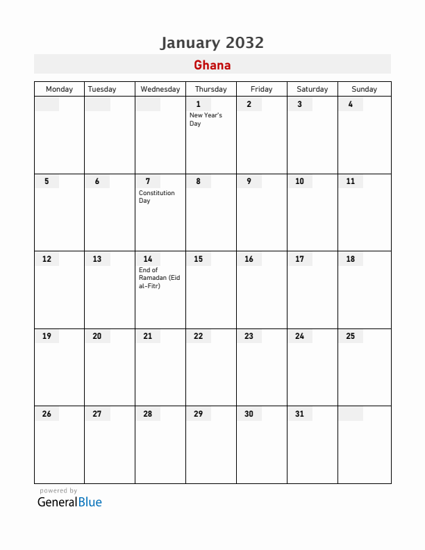 Ghana January 2032 Calendar with Holidays
