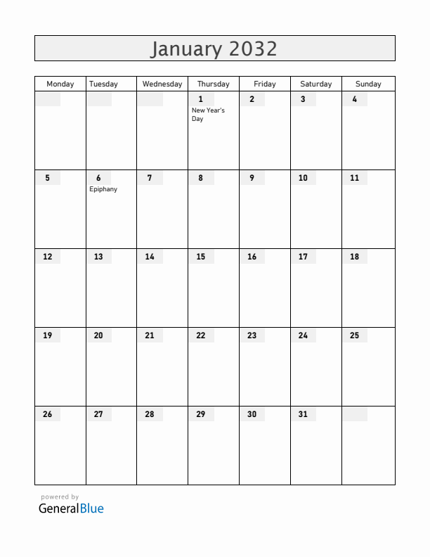 Greenland January 2032 Calendar with Holidays