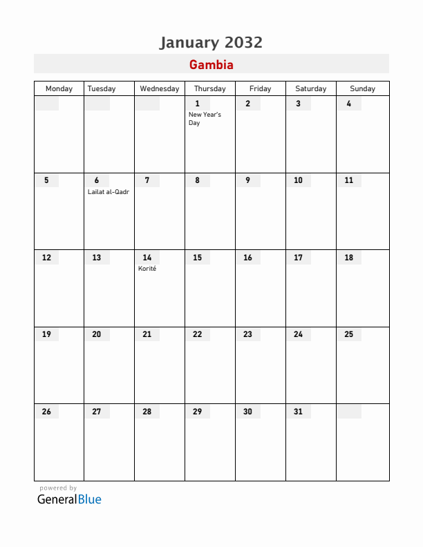 Gambia January 2032 Calendar with Holidays