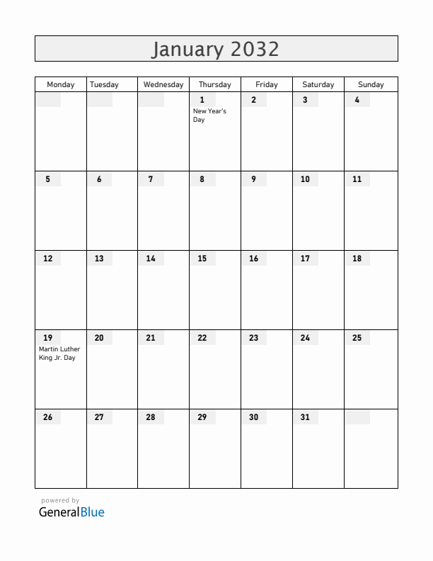 Guam January 2032 Calendar with Holidays