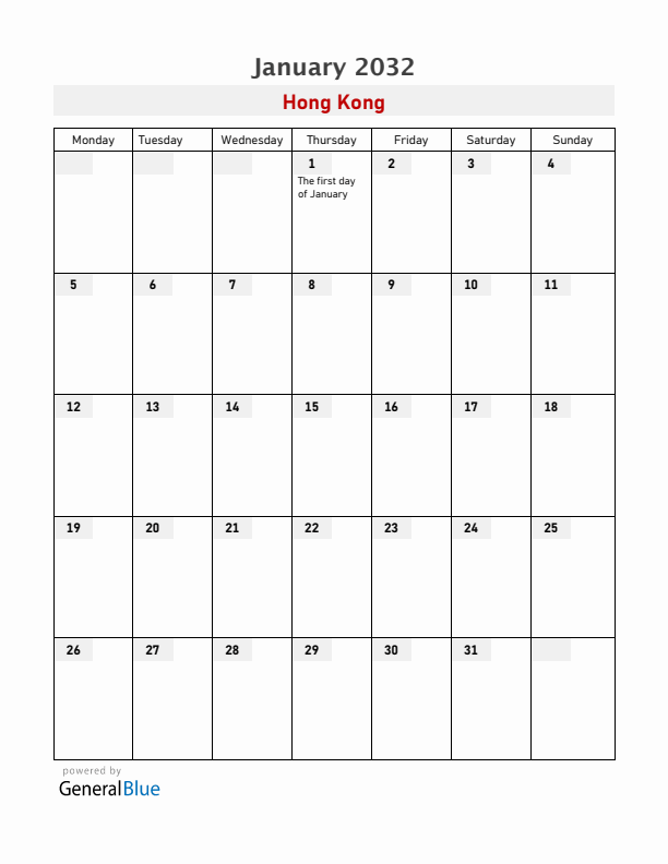 Hong Kong January 2032 Calendar with Holidays