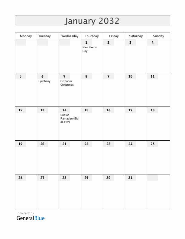 Croatia January 2032 Calendar with Holidays