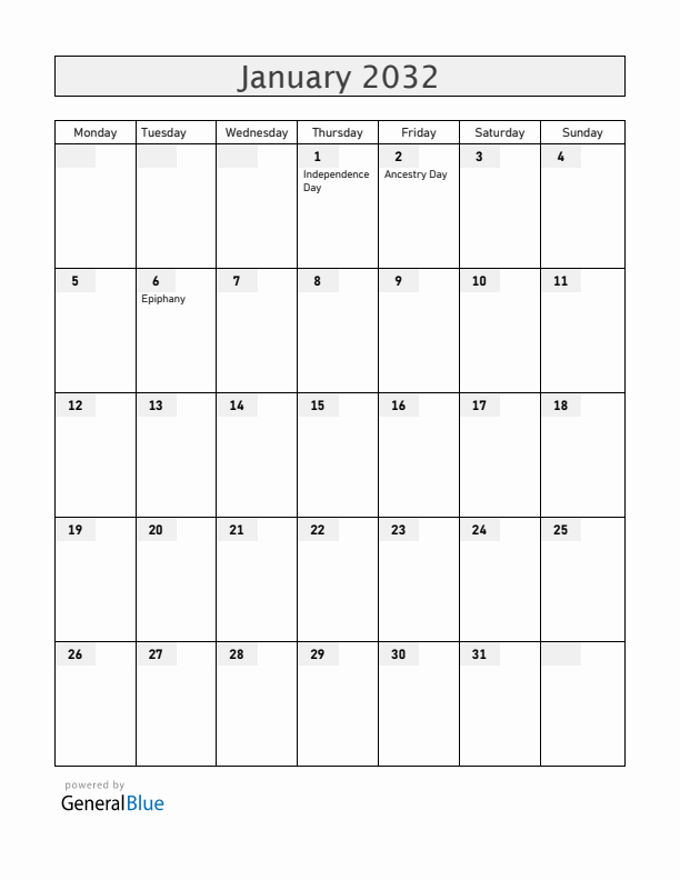 Haiti January 2032 Calendar with Holidays