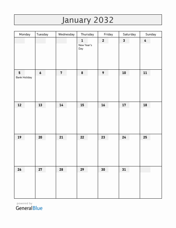Ireland January 2032 Calendar with Holidays