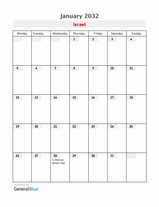 Israel January 2032 Calendar with Holidays