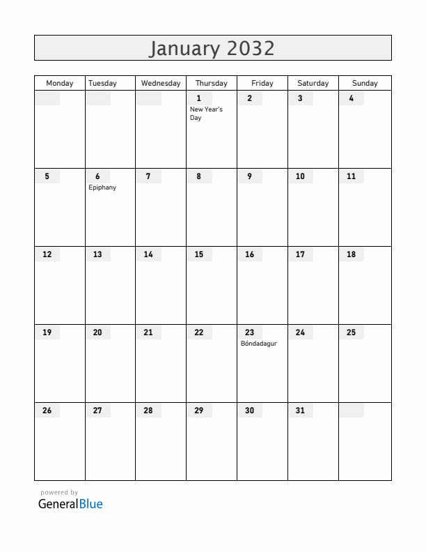 Iceland January 2032 Calendar with Holidays