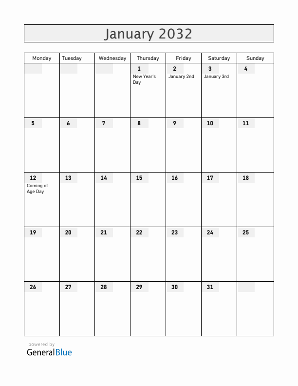 Japan January 2032 Calendar with Holidays