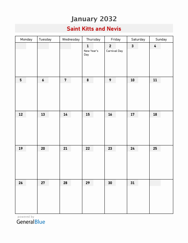 Saint Kitts and Nevis January 2032 Calendar with Holidays