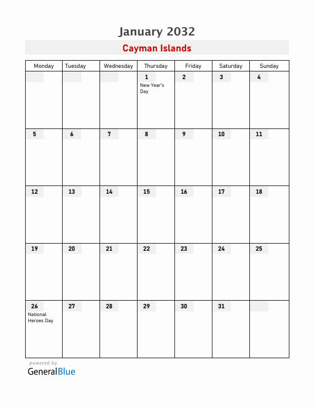 Cayman Islands January 2032 Calendar with Holidays