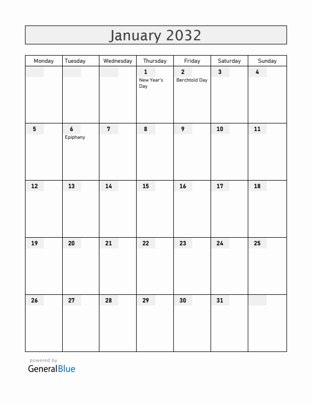 Liechtenstein January 2032 Calendar with Holidays