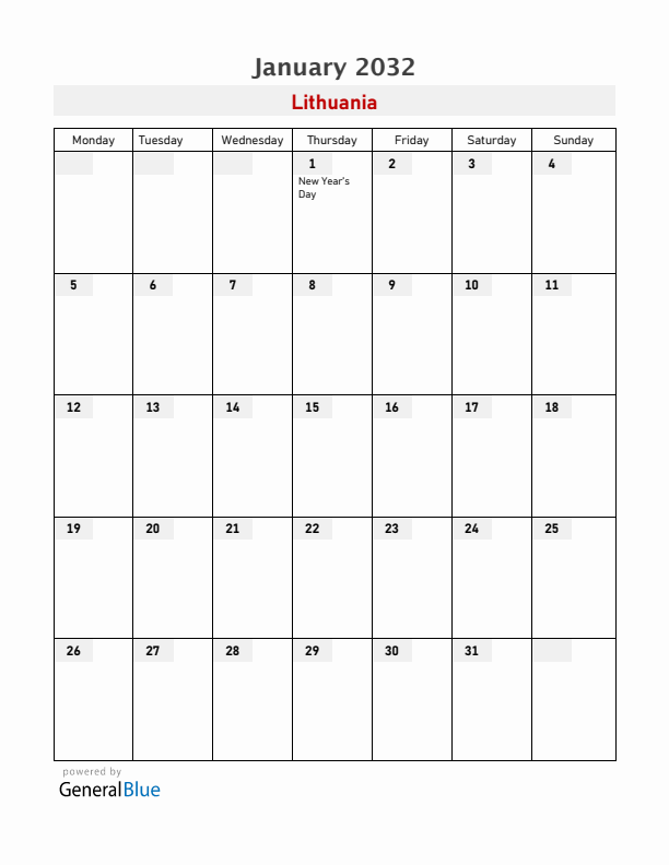 Lithuania January 2032 Calendar with Holidays