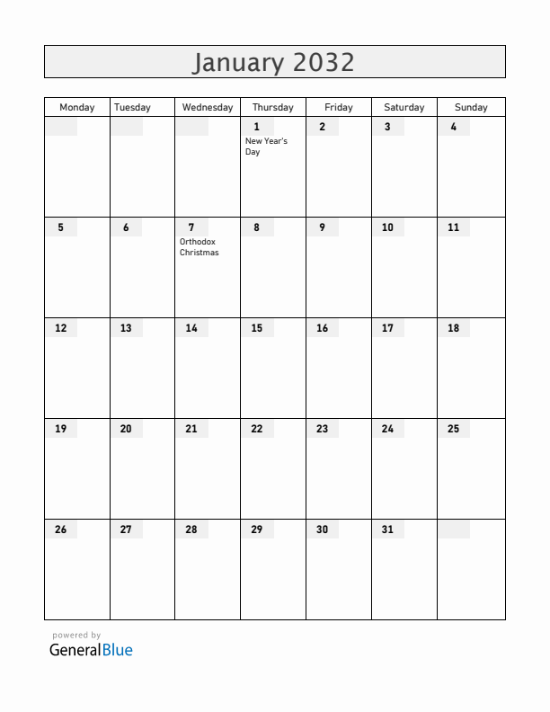 Moldova January 2032 Calendar with Holidays