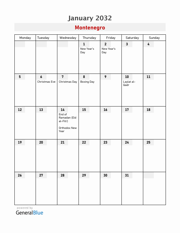 Montenegro January 2032 Calendar with Holidays