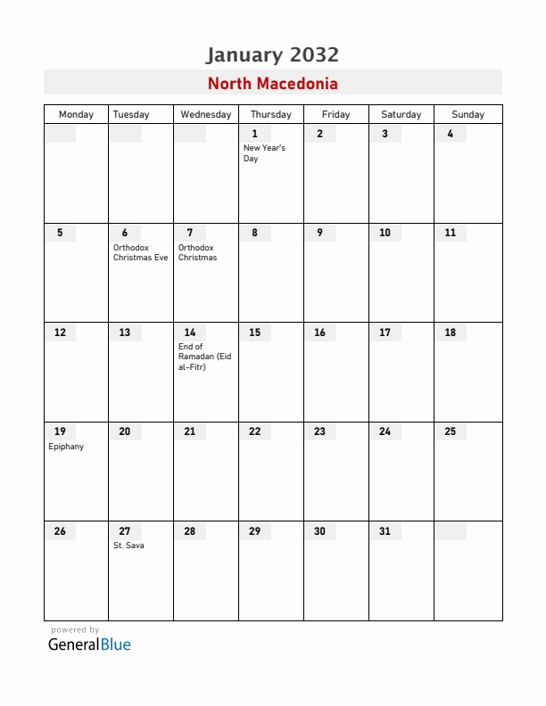 North Macedonia January 2032 Calendar with Holidays