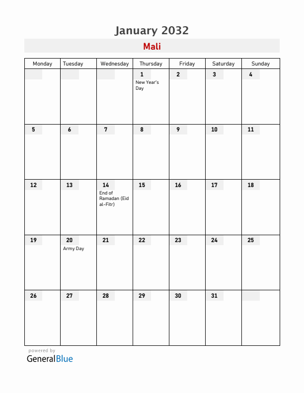 Mali January 2032 Calendar with Holidays