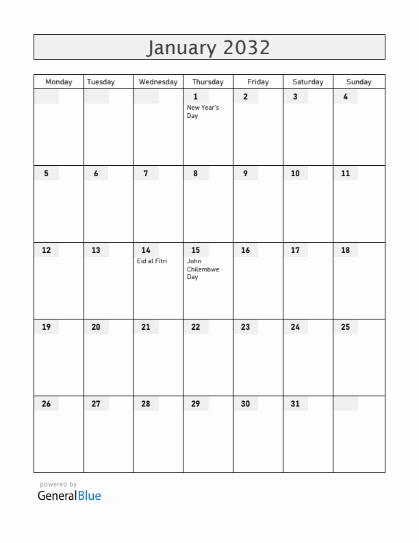 Malawi January 2032 Calendar with Holidays