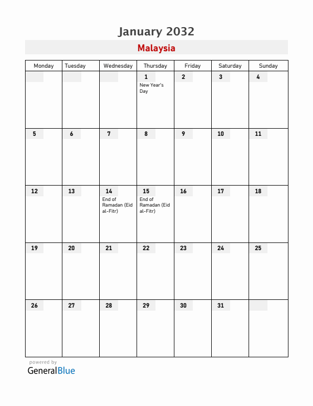 Malaysia January 2032 Calendar with Holidays