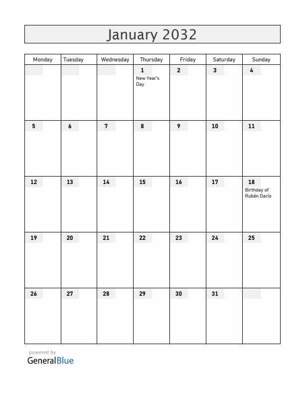 Nicaragua January 2032 Calendar with Holidays