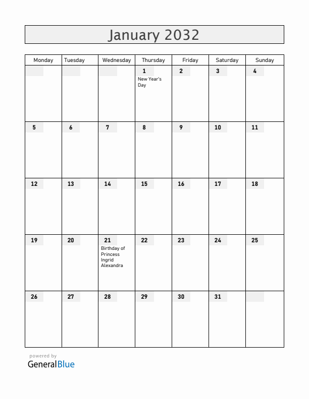 Norway January 2032 Calendar with Holidays