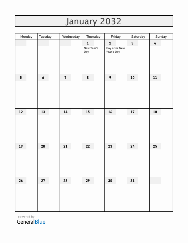 New Zealand January 2032 Calendar with Holidays