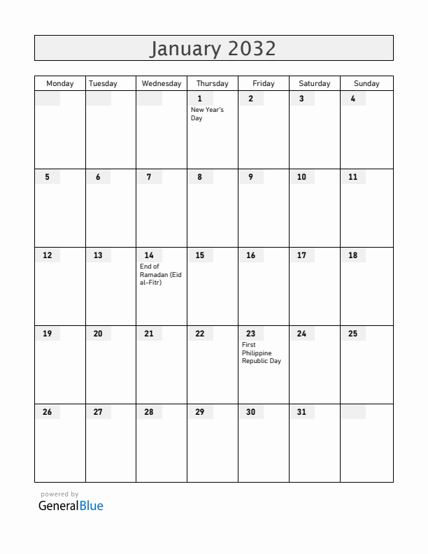 Philippines January 2032 Calendar with Holidays