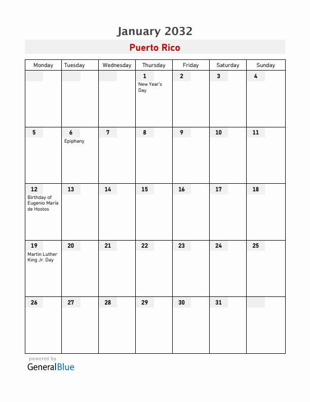 Puerto Rico January 2032 Calendar with Holidays