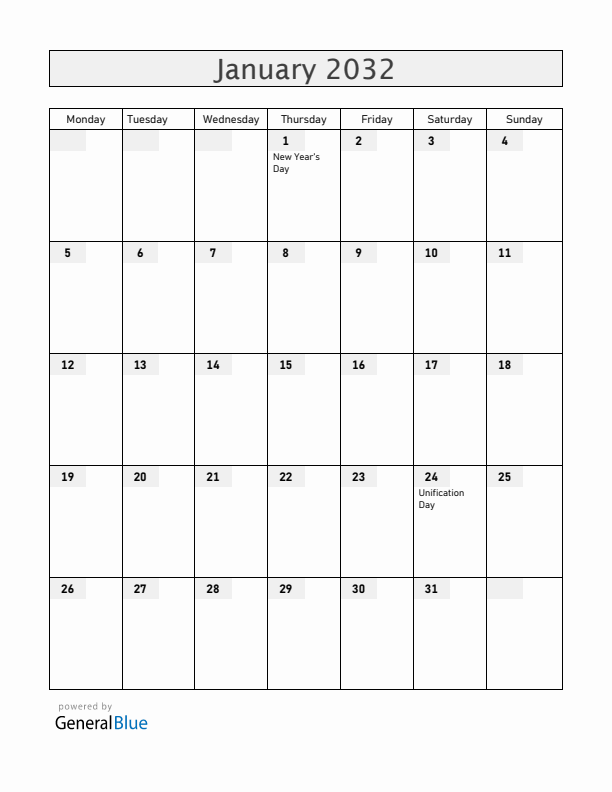 Romania January 2032 Calendar with Holidays
