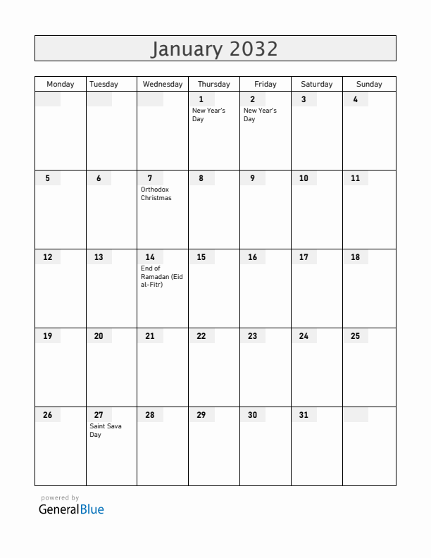 Serbia January 2032 Calendar with Holidays